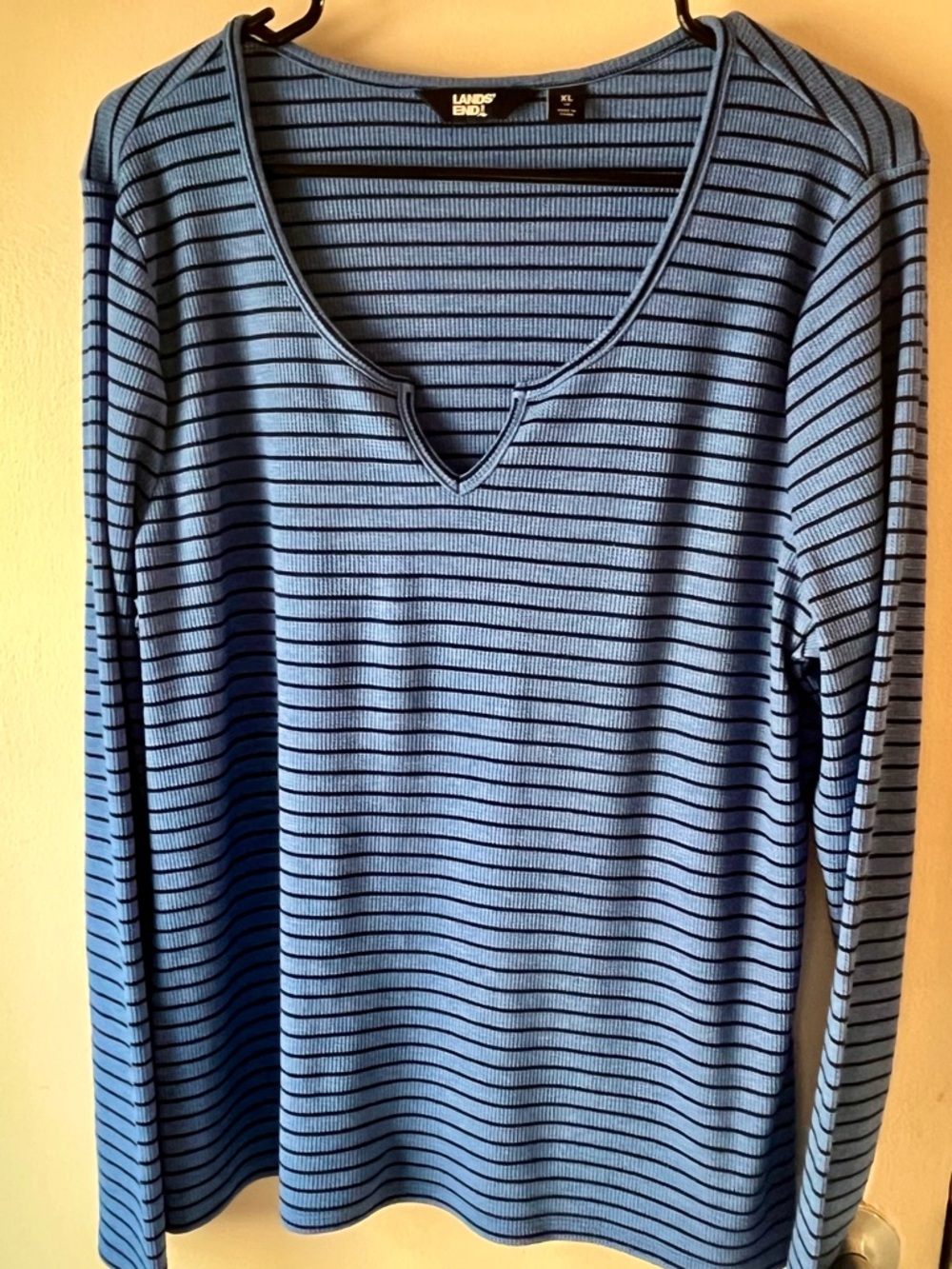 Lands' End Blue and Navy Striped Long-Sleeve Scoop Top
